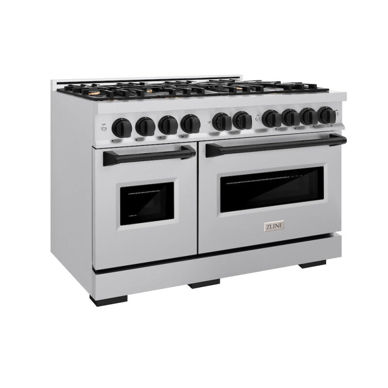 ZLINE Autograph Edition 48 in. 6.7 cu. ft. Classic Double Oven Gas Range with 8 Burner Cooktop in Stainless Steel and Matte Black Accents (CGRZ-48-MB) - (CGRZ48MB) -