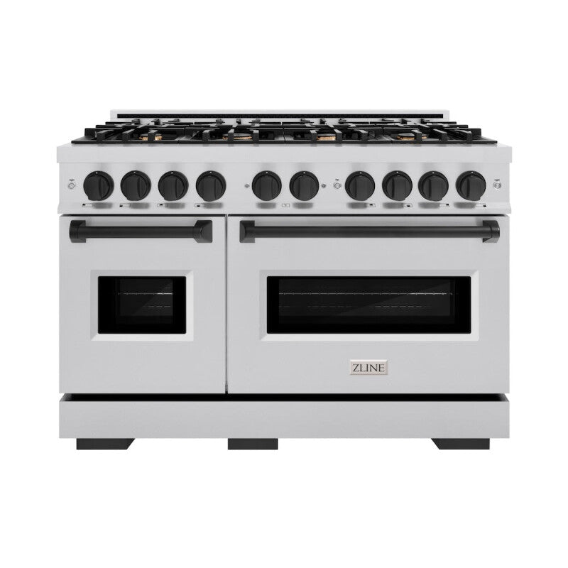 ZLINE Autograph Edition 48 in. 6.7 cu. ft. Classic Double Oven Gas Range with 8 Burner Cooktop in Stainless Steel and Matte Black Accents (CGRZ-48-MB) - (CGRZ48MB) -