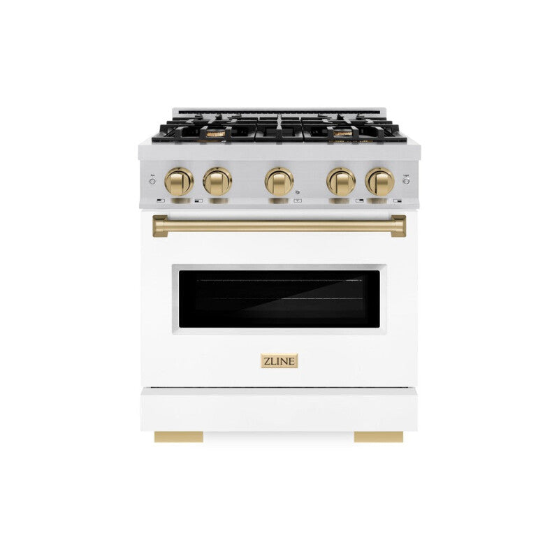 ZLINE Autograph Edition 30 in. 4.2 cu. ft. Classic Gas Range with 4 Burner Cooktop and Convection Gas Oven in Stainless Steel with White Matte Door and Champagne Bronze Accents (CGRZ-WM-30-CB) - (CGRZWM30CB) -