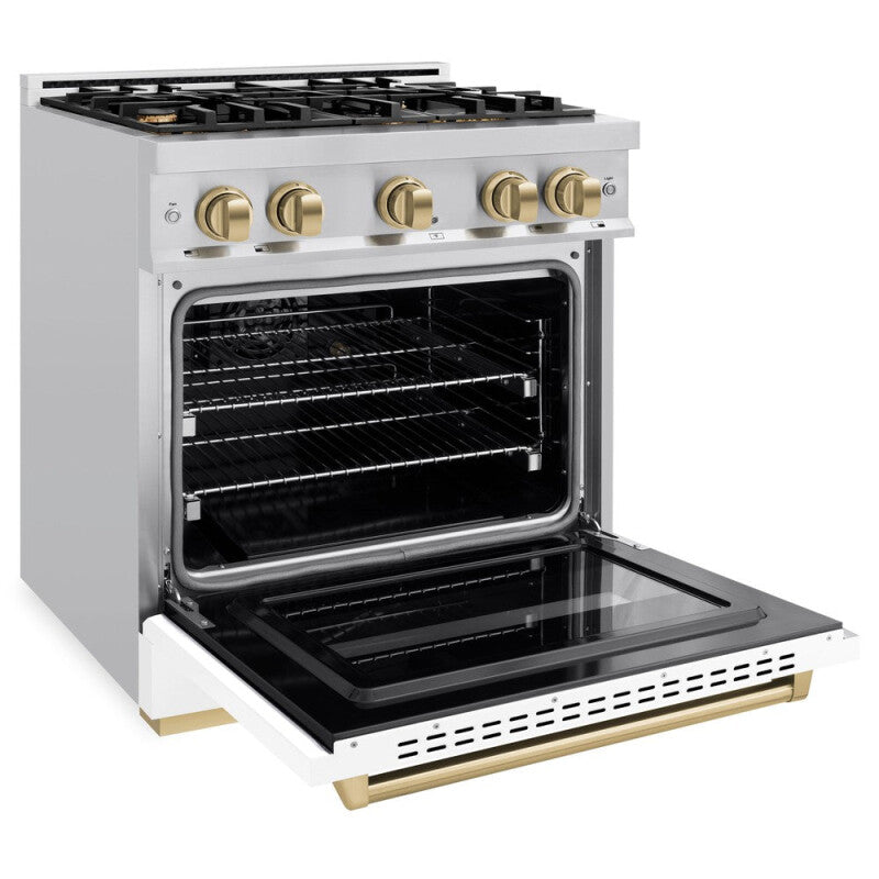 ZLINE Autograph Edition 30 in. 4.2 cu. ft. Classic Gas Range with 4 Burner Cooktop and Convection Gas Oven in Stainless Steel with White Matte Door and Champagne Bronze Accents (CGRZ-WM-30-CB) - (CGRZWM30CB) -