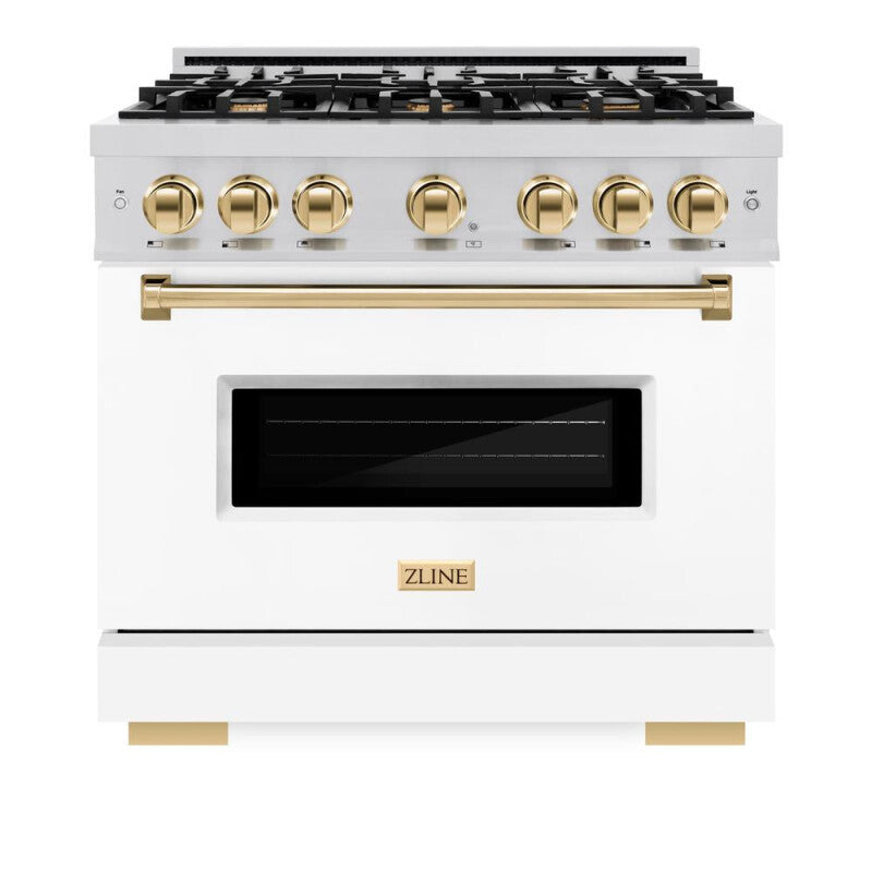 ZLINE Autograph Edition 36 in. 5.2 cu. ft. Classic Gas Range with 6 Burner Cooktop and Convection Gas Oven in Stainless Steel with White Matte Door and Polished Gold Accents (CGRZ-WM-36-G) - (CGRZWM36G) -
