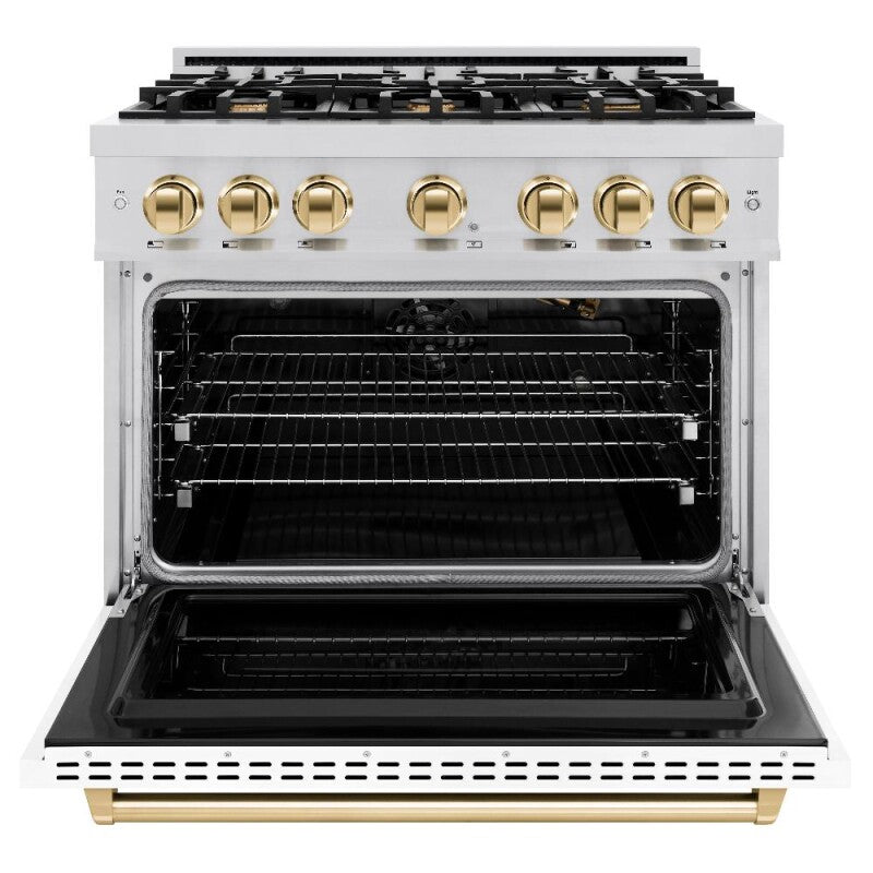 ZLINE Autograph Edition 36 in. 5.2 cu. ft. Classic Gas Range with 6 Burner Cooktop and Convection Gas Oven in Stainless Steel with White Matte Door and Polished Gold Accents (CGRZ-WM-36-G) - (CGRZWM36G) -