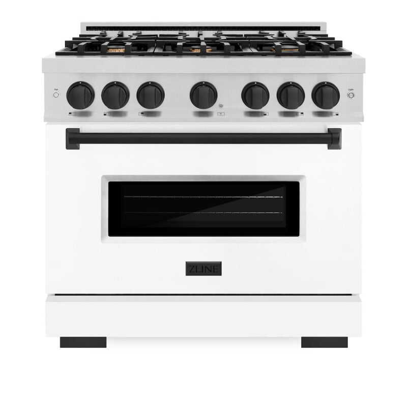 ZLINE Autograph Edition 36 in. 5.2 cu. ft. Classic Gas Range with 6 Burner Cooktop and Convection Gas Oven in Stainless Steel with White Matte Door and Matte Black Accents (CGRZ-WM-36-MB) - (CGRZWM36MB) -