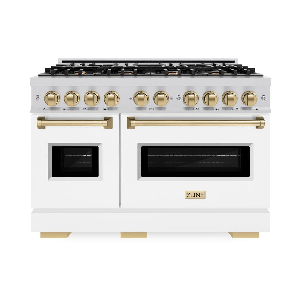 ZLINE Autograph Edition 48 in. 6.7 cu. ft. Classic Double Oven Gas Range with 8 Burner Cooktop in Stainless Steel with White Matte Doors and Champagne Bronze Accents (CGRZ-WM-48-CB) - (CGRZWM48CB) -