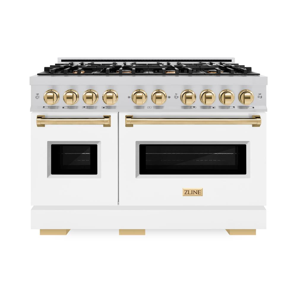 ZLINE Autograph Edition 48 in. 6.7 cu. ft. Classic Double Oven Gas Range with 8 Burner Cooktop in Stainless Steel with White Matte Doors and Polished Gold Accents (CGRZ-WM-48-G) - (CGRZWM48G) -