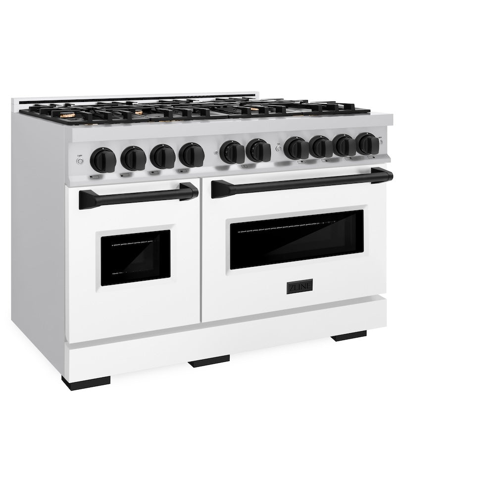 ZLINE Autograph Edition 48 in. 6.7 cu. ft. Classic Double Oven Gas Range with 8 Burner Cooktop in Stainless Steel with White Matte Doors and Matte Black Accents (CGRZ-WM-48-MB) - (CGRZWM48MB) -