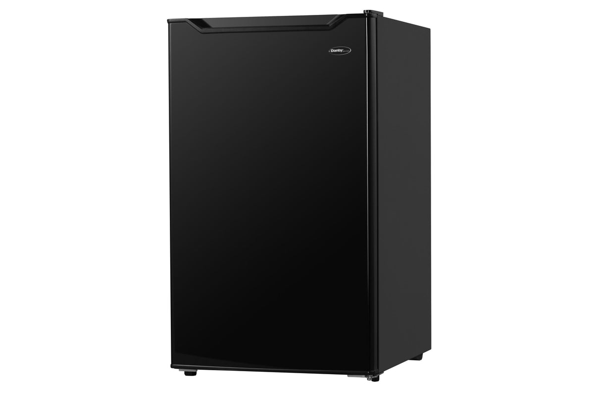 Danby DAR032B2BM compact fridge in black, side angle