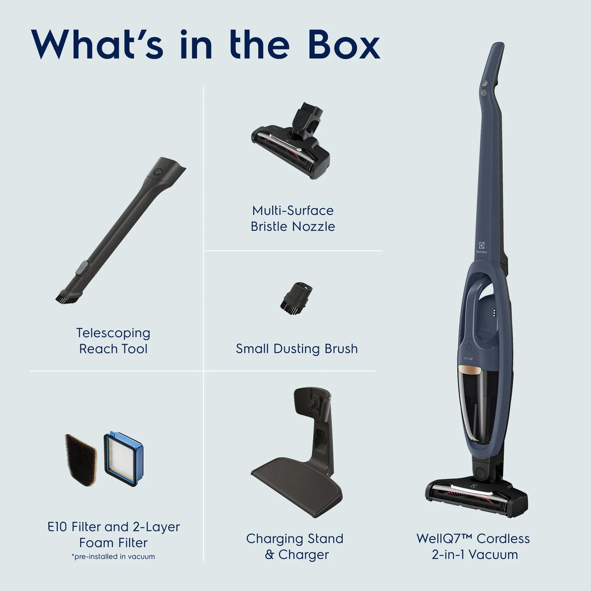 Electrolux WellQ7 Cordless 2-in-1 Stick & Handheld Vacuum, 50-Min Runtime, Denim Blue