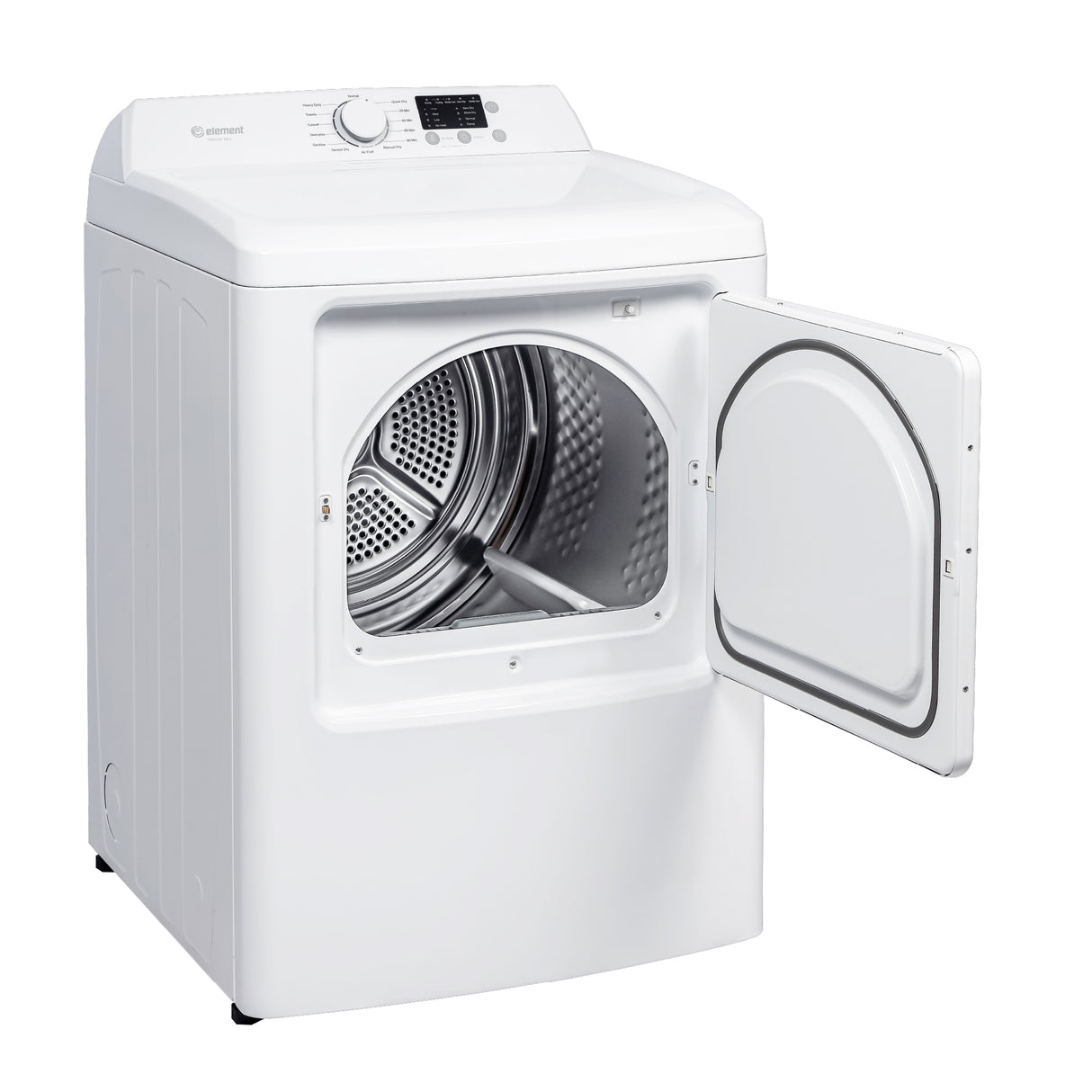 Element ETD7027GCW gas dryer side view with door open