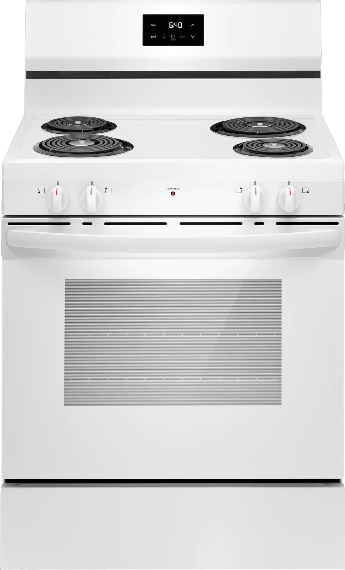 Frigidaire FCRC3012BW 30-inch electric coil range in white, front view