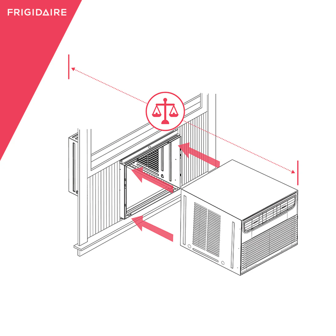 Frigidaire window AC unit with a slide-out chassis design, depicted in an assembly diagram. This feature simplifies installation and allows for easier removal for cleaning or off-season storage, highlighted by directional arrows.