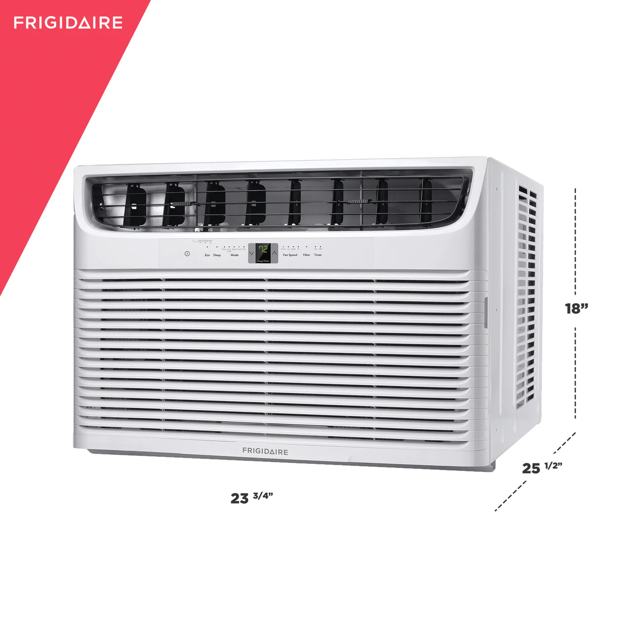 Frigidaire FHWE232WB2 window AC with heat right side view with product dimensions
