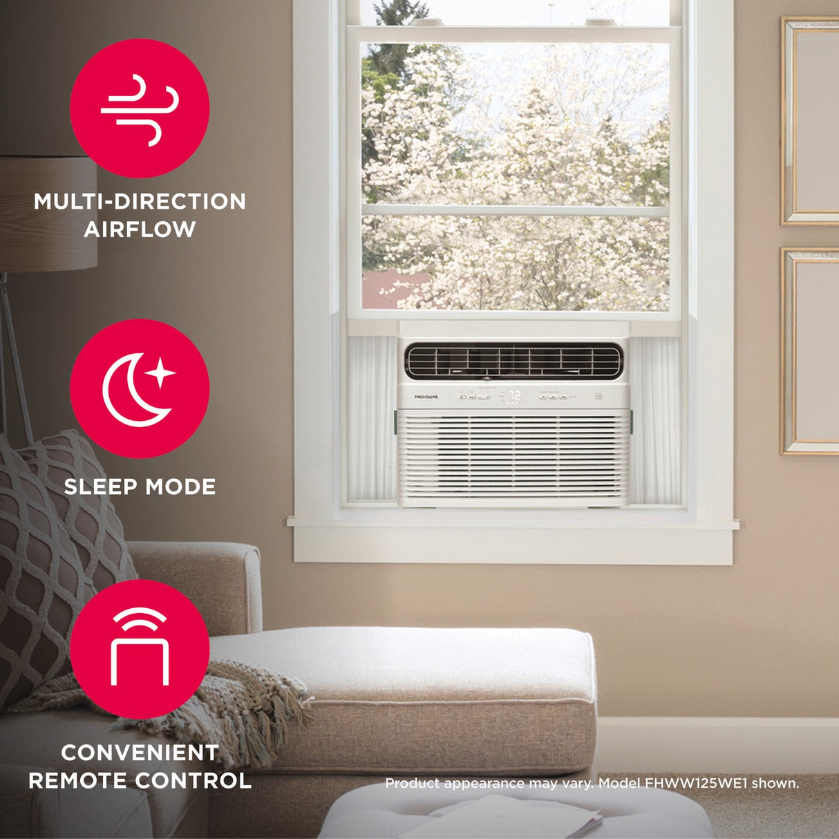 A Frigidaire 24000 BTU inverter window air conditioner installed in a white window, highlighting three key benefits: Convenient Remote Control, multi-direction airflow, and sleep mode.