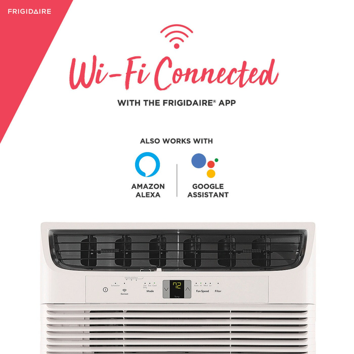 Frigidaire FHWW123WB1 12,000 BTU WiFi Connected Window-Mounted Room Air Conditioner emphasizing its smart home capabilities with Wi-Fi connectivity, Amazon Alexa, and Google Assistant compatibility for convenient control.