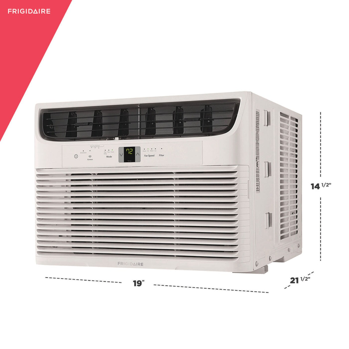 Frigidaire FHWW123WB1 12,000 BTU WiFi Connected Window-Mounted Room Air Conditioner right side view with product dimensions