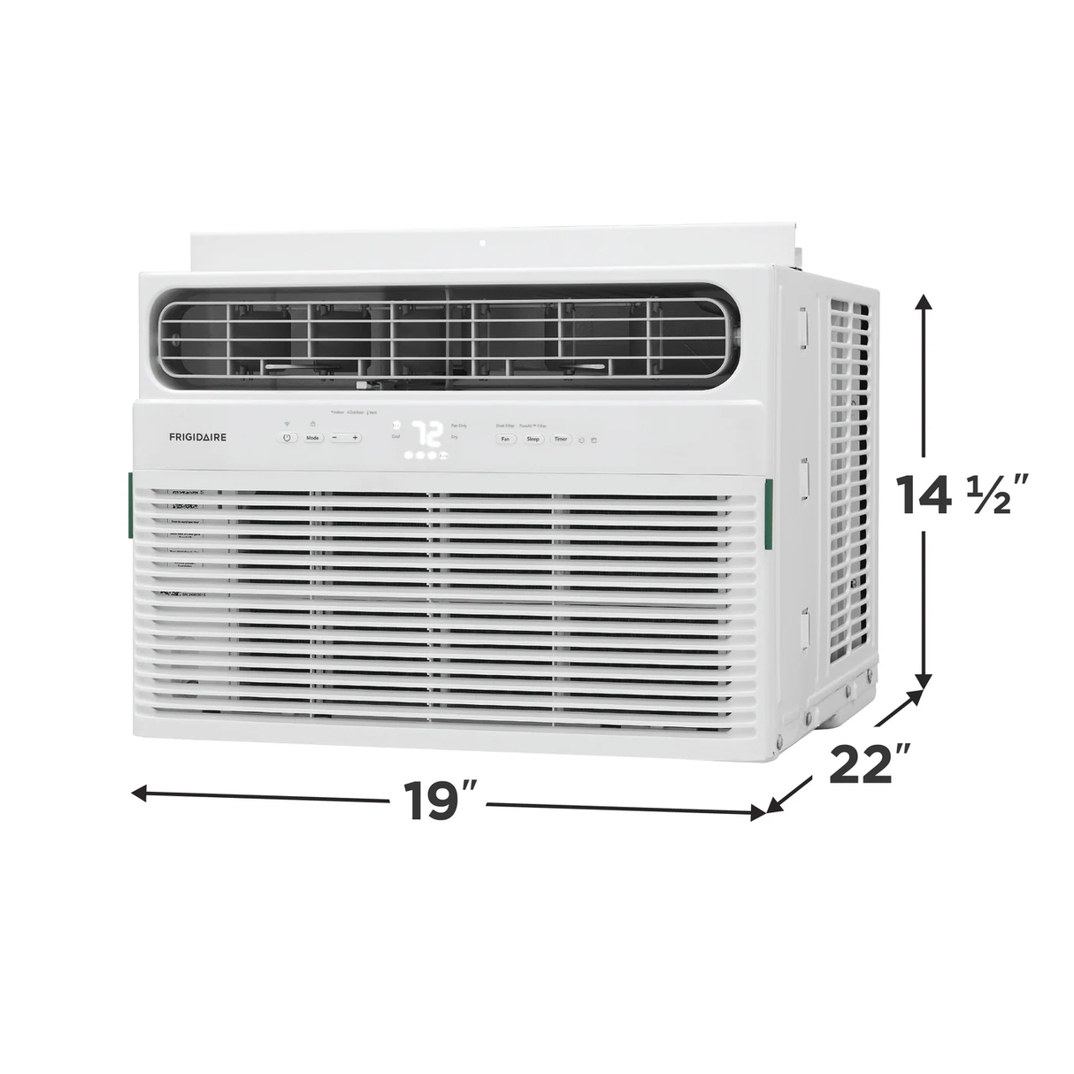 Frigidaire FHWW144TE1 14,300 BTU window air conditioner right side view with product dimensions.