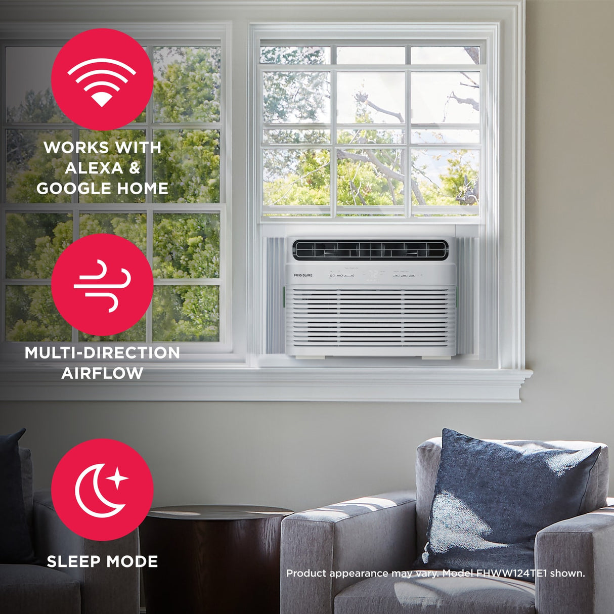 Frigidaire 18,000 BTU Smart Window Room AC Model FHWW184WE2 installed in a white window, highlighting three key benefits: Wi-Fi connectivity for Alexa and Google Home, multi-direction airflow, and sleep mode. The room features a gray armchair and a dark brown side table.