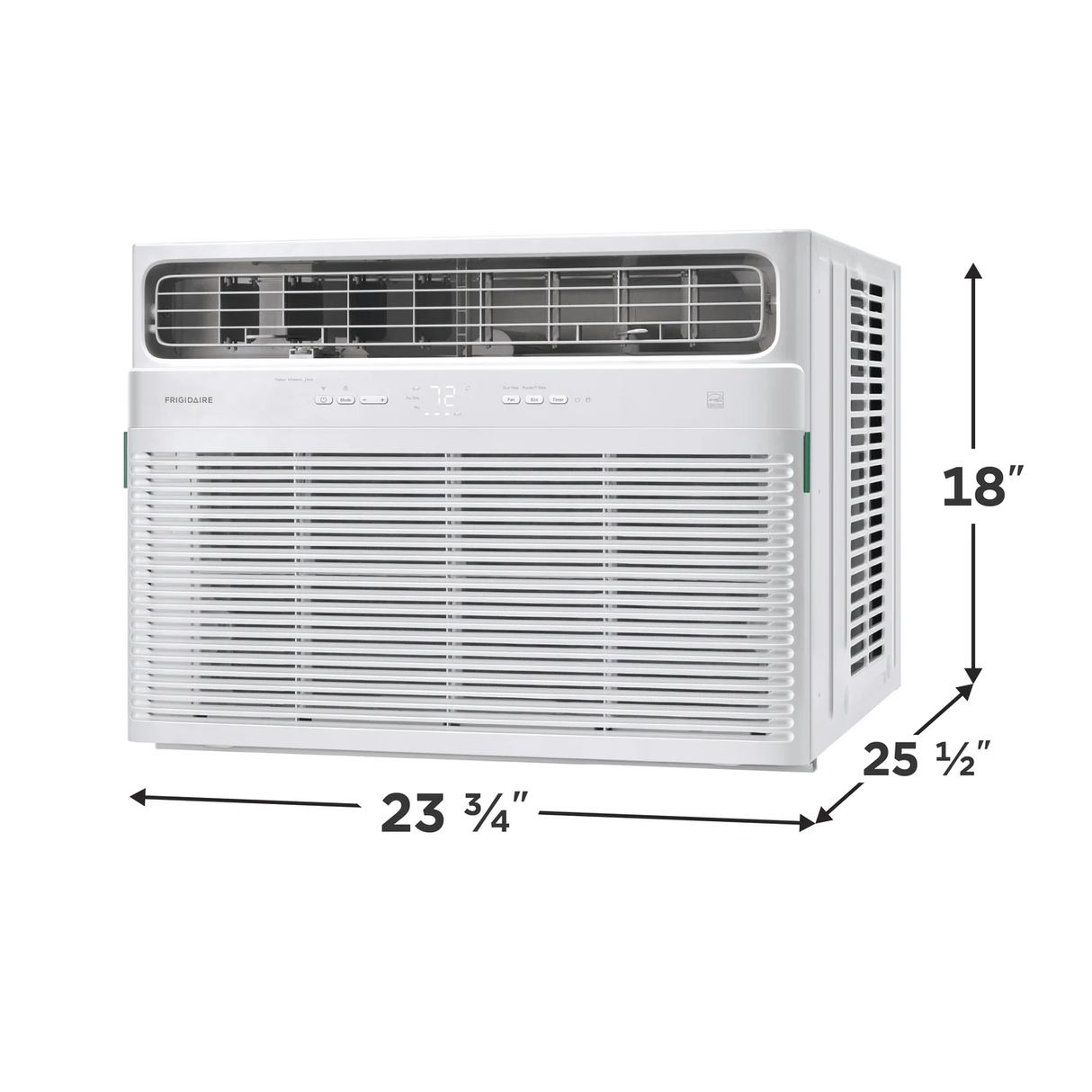Frigidaire 24000 BTU inverter window air conditioner right side view with product dimensions.