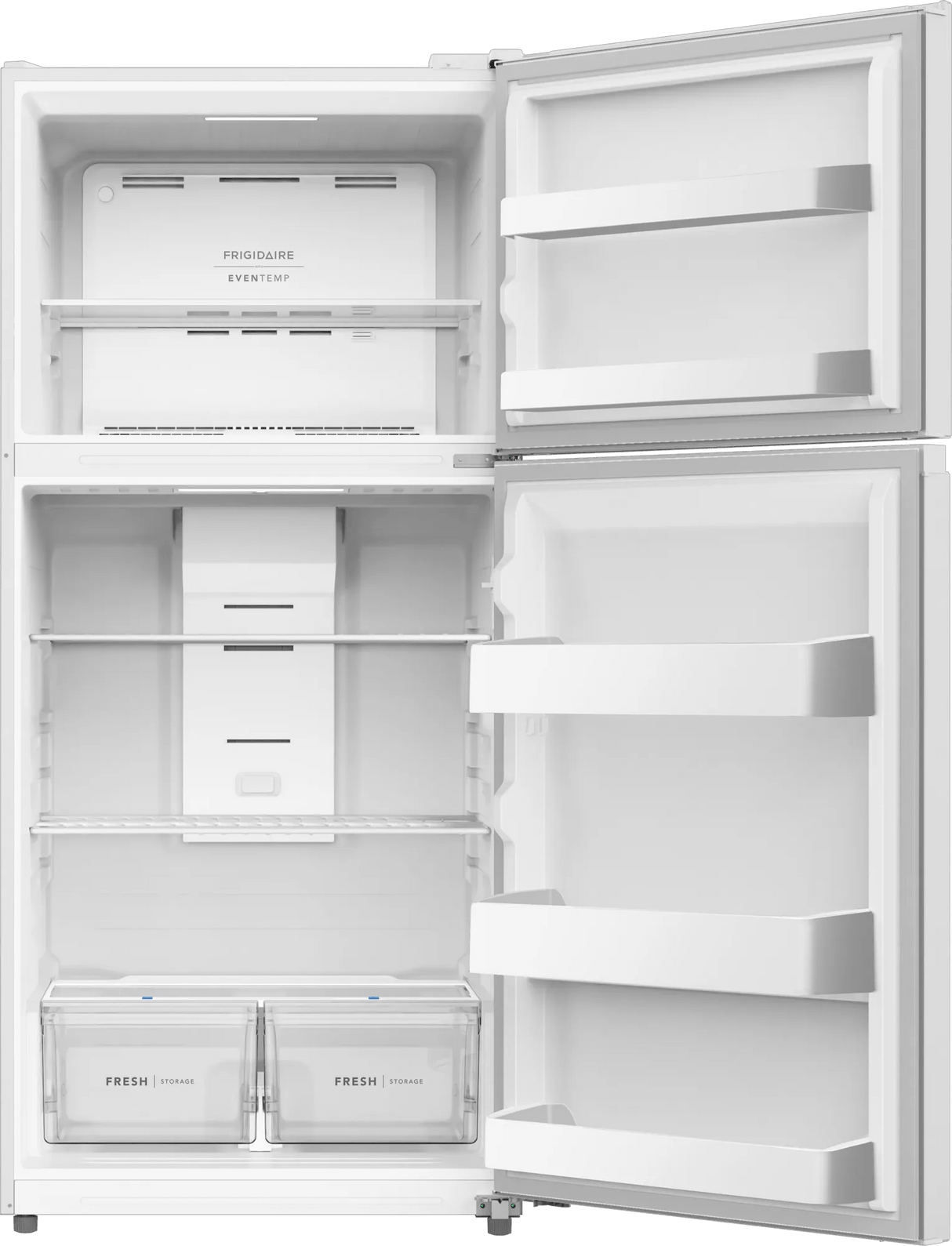 Frigidaire FRTE1814AW top freezer refrigerator – doors open, empty