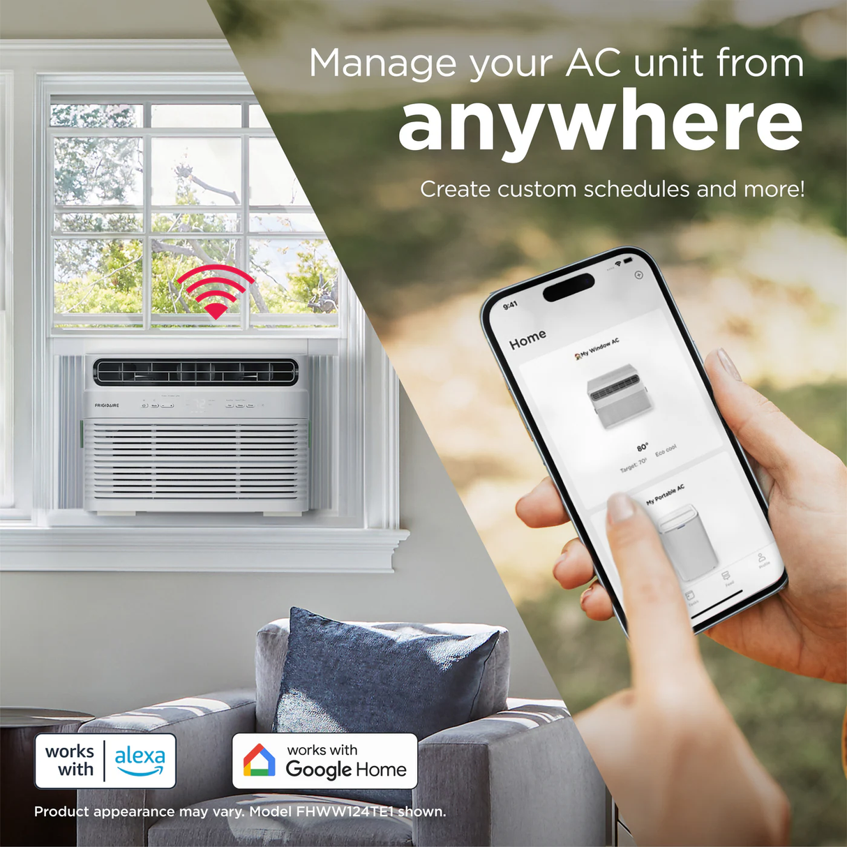 A split image showing a Frigidaire Window Air Conditioner installed in a window on the left, with a Wi-Fi signal icon, and a hand holding a smartphone displaying the Frigidaire app to manage AC units on the right. The image highlights the ability to manage the AC from anywhere and integrate with Alexa and Google Home.