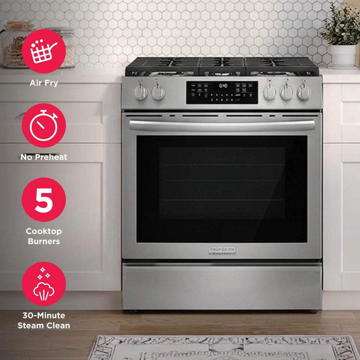Frigidaire Gallery 30" Front Control Freestanding Gas Range with Total Convection & Air Fry, 5.1 Cu. Ft., Smudge-Proof Stainless Steel - GCFG3059BF