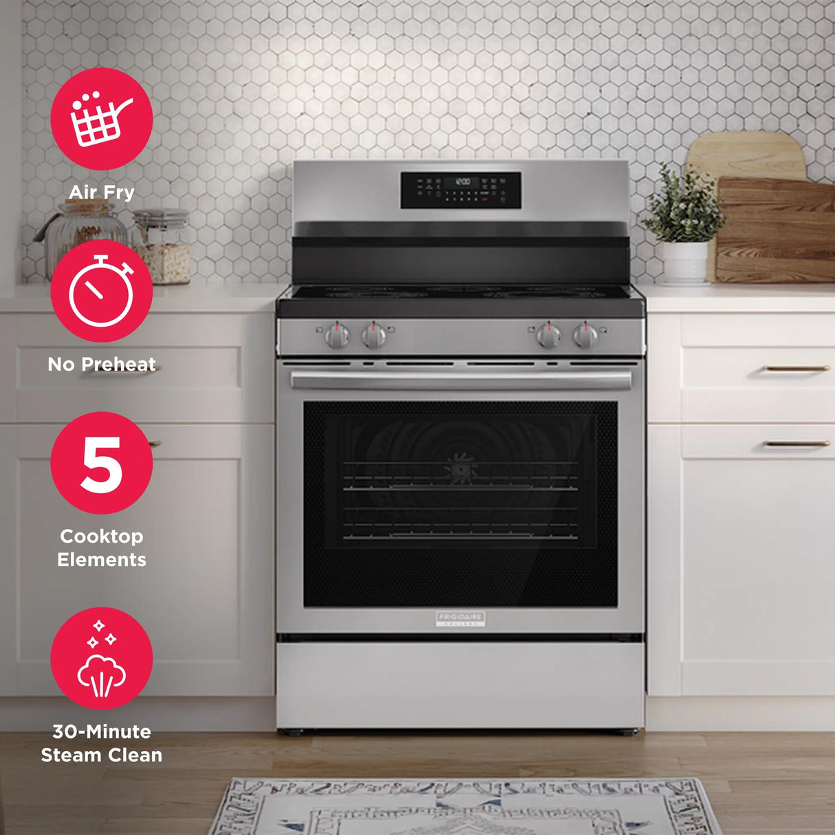 Frigidaire Gallery 30" Rear Control Electric Range with Air Fry – 5.3 Cu. Ft. Total Convection, Smudge-Proof Stainless Steel