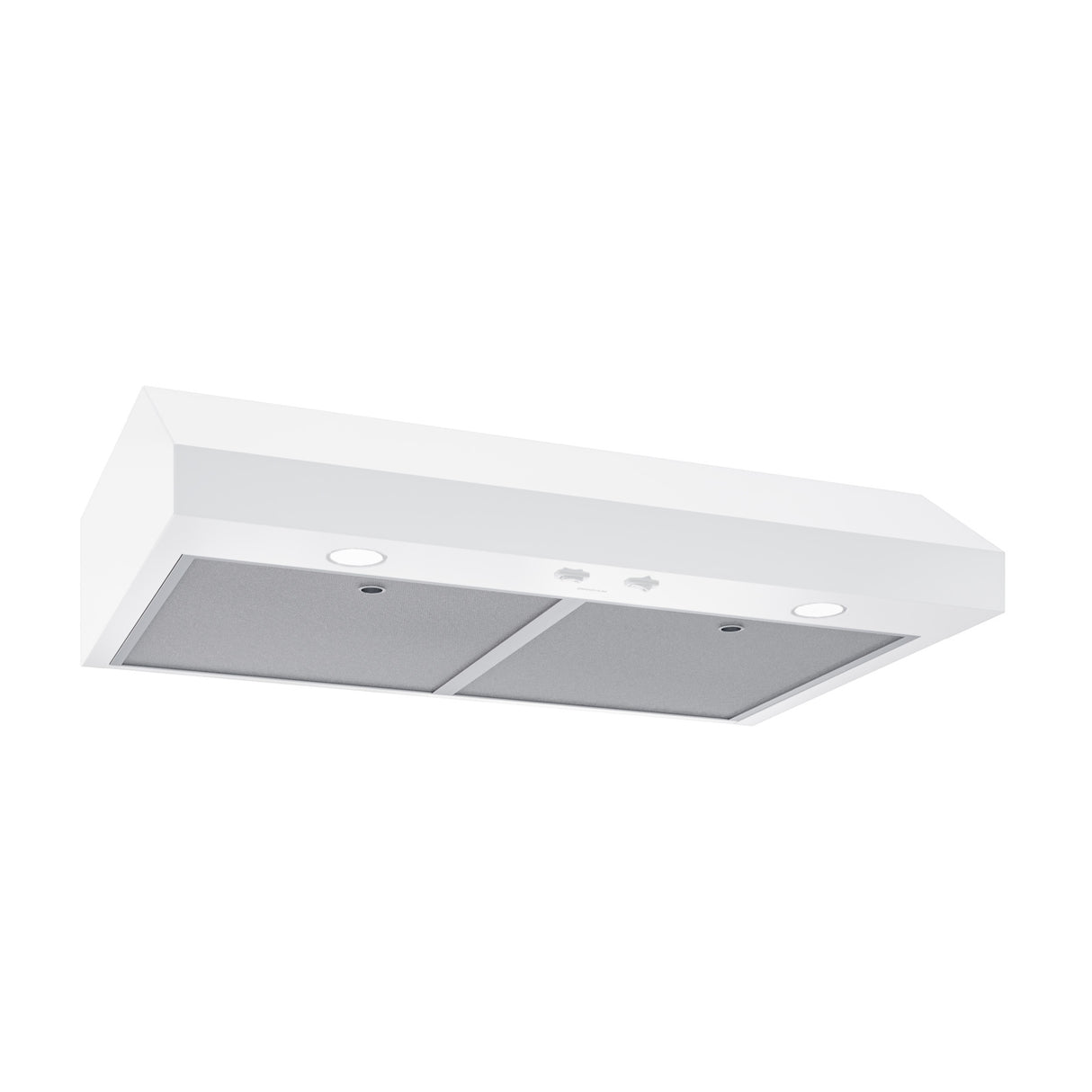 Broan GLA1303WW range hood in white, angled product view