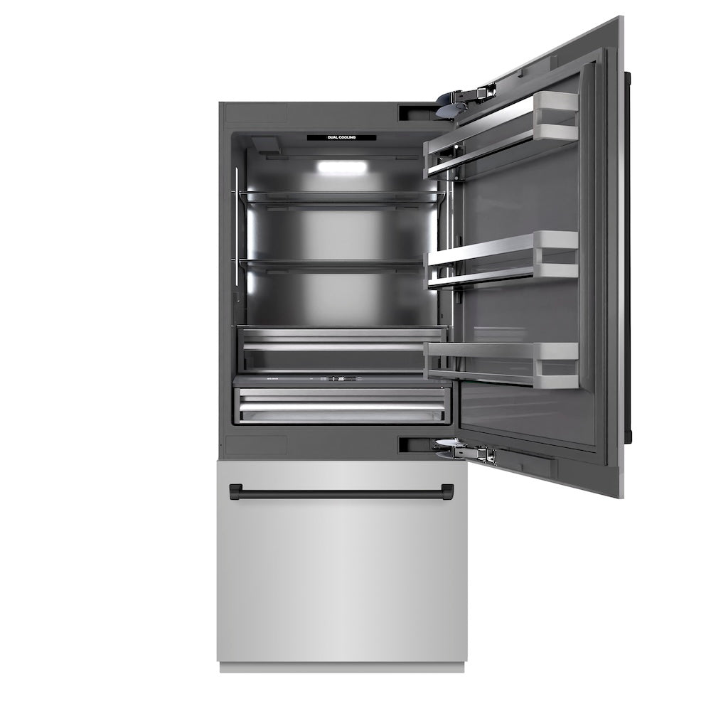 ZLINE Autograph Edition 36 in. 19.8 cu. ft. Built-In Bottom Freezer Refrigerator with Water Dispenser and Ice Maker in Stainless Steel with Graphite Gray Interior and Matte Black Accents (GRBITZ-304-36MB) - (GRBITZ30436MB) -