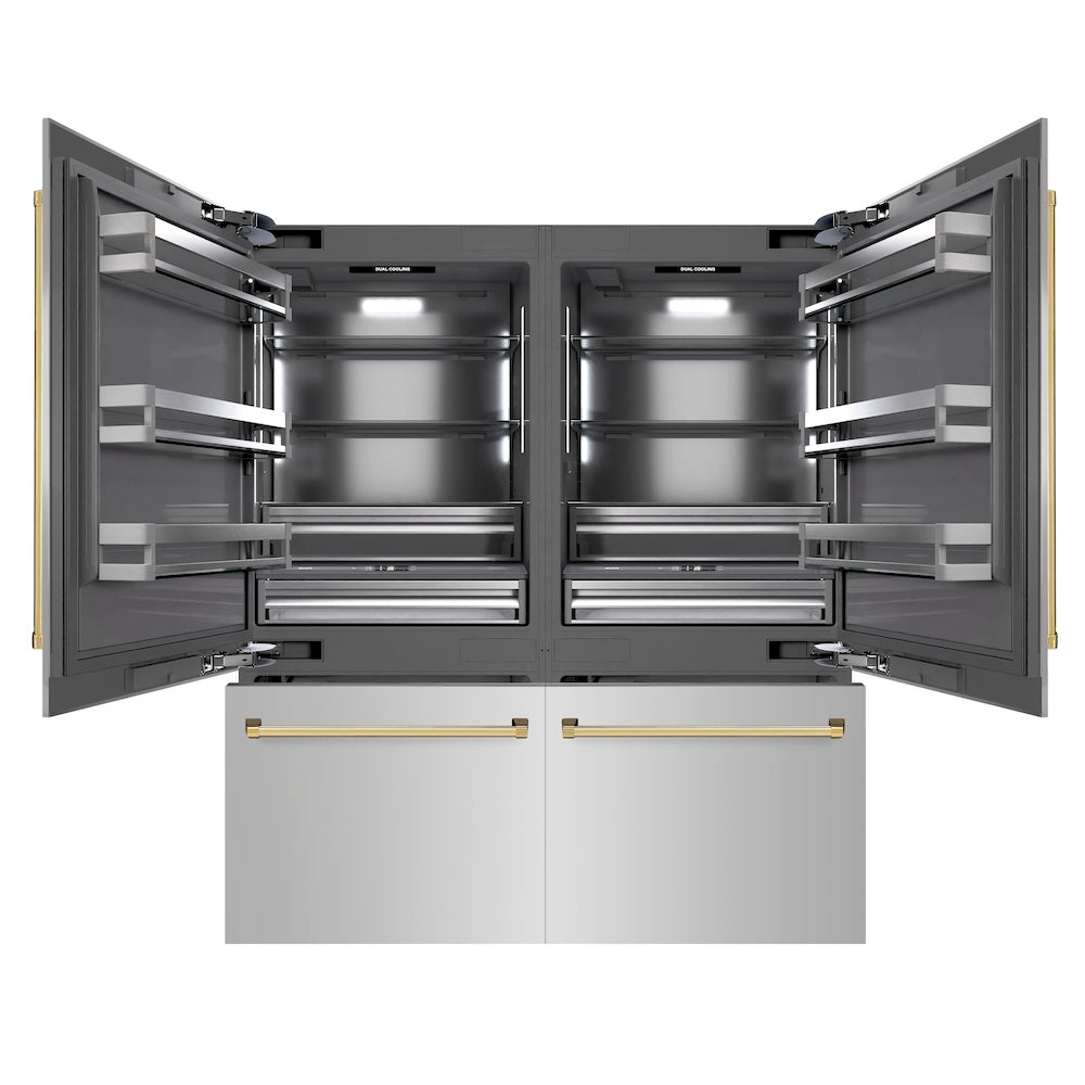 ZLINE Autograph Edition 72 in. 39.6 cu. ft. French Door Built-In Bottom Freezer Refrigerator with Water Dispensers and Ice Makers in Stainless Steel with Graphite Gray Interior and Polished Gold Accents (GRBITZ-304-72G) - (GRBITZ30472G) -