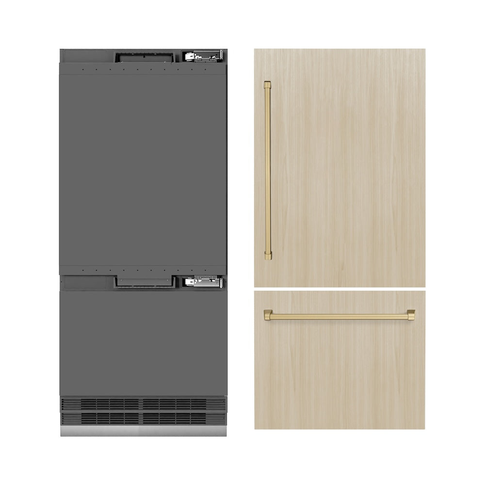 ZLINE Autograph Edition 36 in. 19.8 cu. ft. Panel Ready Built-In Bottom Freezer Refrigerator with Water Dispenser and Ice Maker with Graphite Gray Interior and Champagne Bronze Accents (GRBITZ-36-CB) - (GRBITZ36CB) -