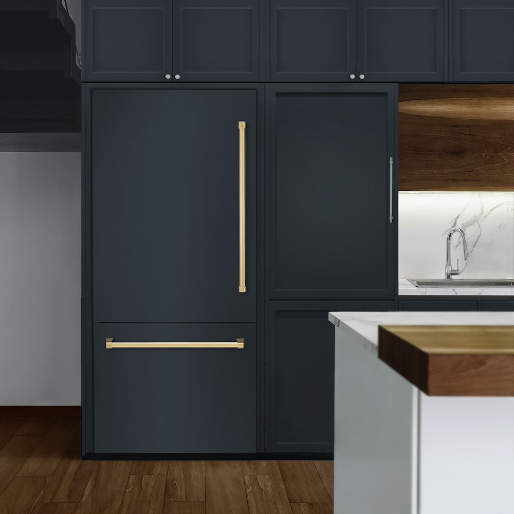 ZLINE Autograph Edition 36 in. 19.8 cu. ft. Panel Ready Built-In Bottom Freezer Refrigerator with Water Dispenser and Ice Maker with Graphite Gray Interior and Polished Gold Accents (GRBITZ-36-G) - (GRBITZ36G) -
