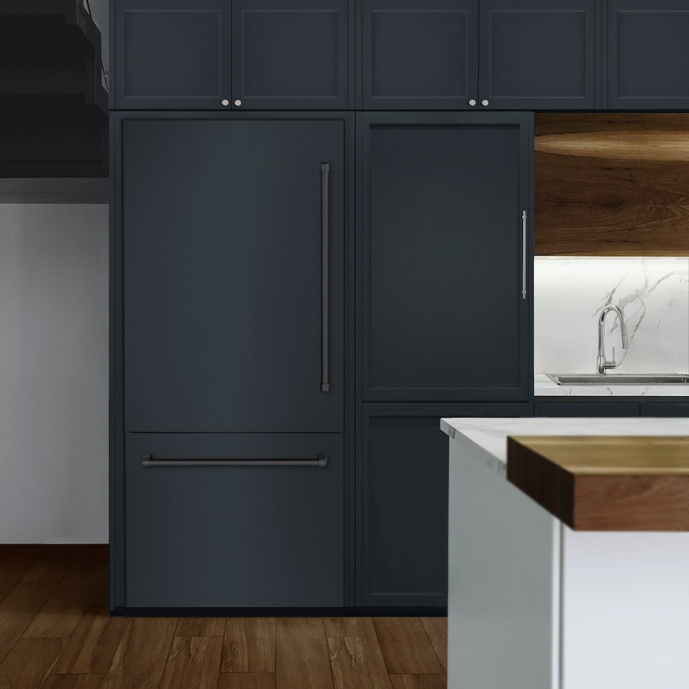ZLINE Autograph Edition 36 in. 19.8 cu. ft. Panel Ready Built-In Bottom Freezer Refrigerator with Water Dispenser and Ice Maker with Graphite Gray Interior and Matte Black Accents (GRBITZ-36-MB) - (GRBITZ36MB) -