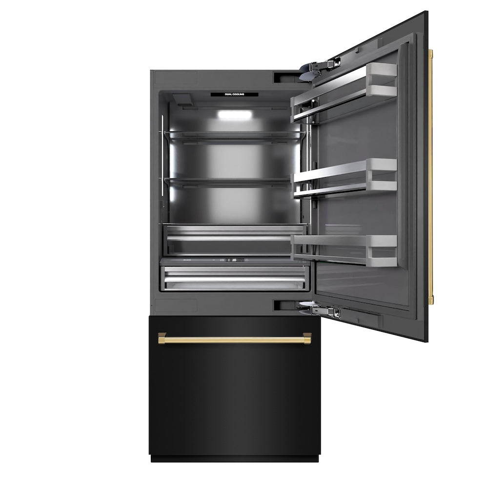 ZLINE Autograph Edition 36 in. 19.8 cu. ft. Built-In Bottom Freezer Refrigerator with Water Dispenser and Ice Maker in Black Stainless Steel with Graphite Gray Interior and Polished Gold Accents (GRBITZ-BS-36-G) - (GRBITZBS36G) -