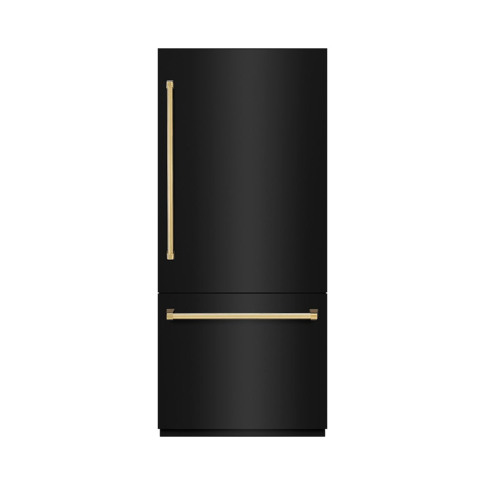 ZLINE Autograph Edition 36 in. 19.8 cu. ft. Built-In Bottom Freezer Refrigerator with Water Dispenser and Ice Maker in Black Stainless Steel with Graphite Gray Interior and Polished Gold Accents (GRBITZ-BS-36-G) - (GRBITZBS36G) -