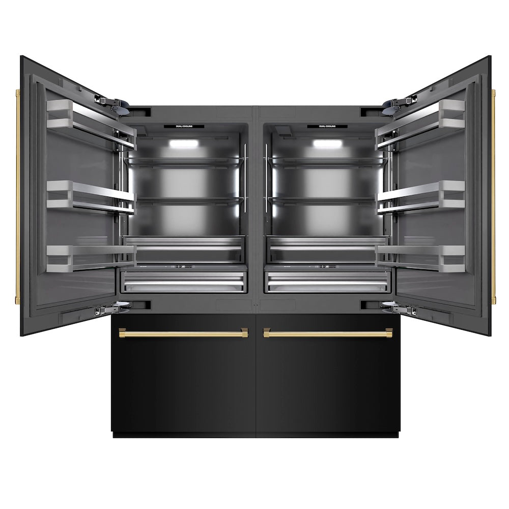 ZLINE Autograph Edition 72 in. 39.6 cu. ft. French Door Built-In Bottom Freezer Refrigerator with Water Dispensers and Ice Makers in Black Stainless Steel with Graphite Gray Interior and Polished Gold Accents (GRBITZ-BS-72-G) - (GRBITZBS72G) -
