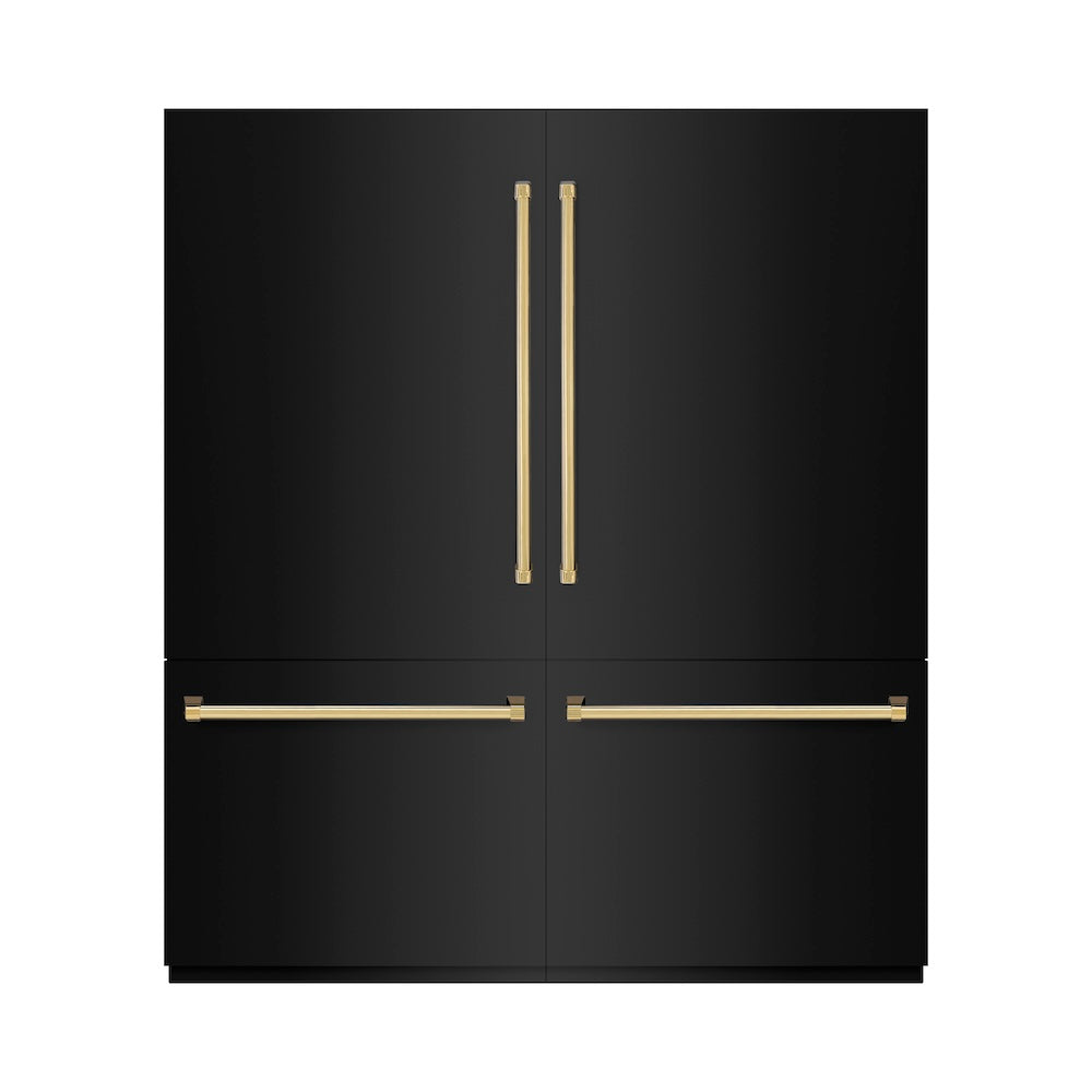 ZLINE Autograph Edition 72 in. 39.6 cu. ft. French Door Built-In Bottom Freezer Refrigerator with Water Dispensers and Ice Makers in Black Stainless Steel with Graphite Gray Interior and Polished Gold Accents (GRBITZ-BS-72-G) - (GRBITZBS72G) -