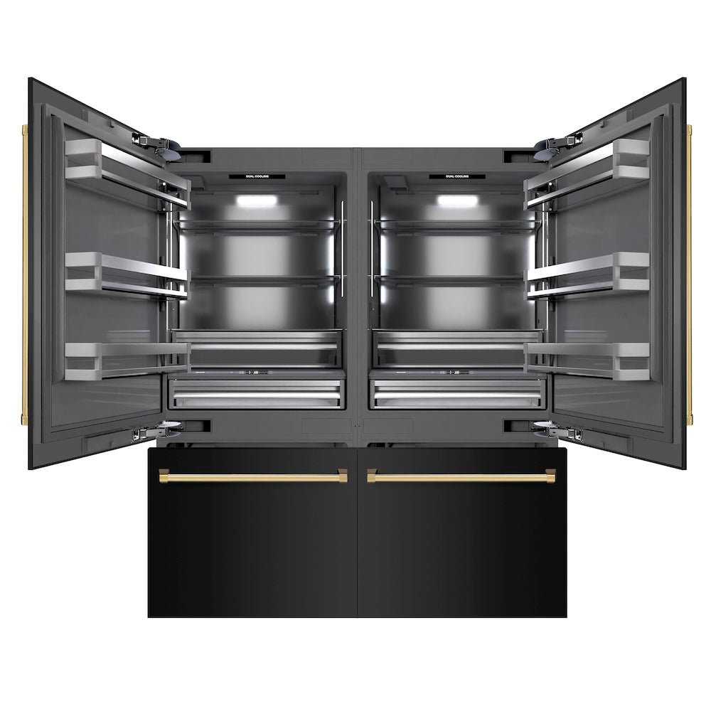 ZLINE Autograph Edition 72 in. 39.6 cu. ft. French Door Built-In Bottom Freezer Refrigerator with Water Dispensers and Ice Makers in Black Stainless Steel with Graphite Gray Interior and Polished Gold Accents (GRBITZ-BS-72-G) - (GRBITZBS72G) -