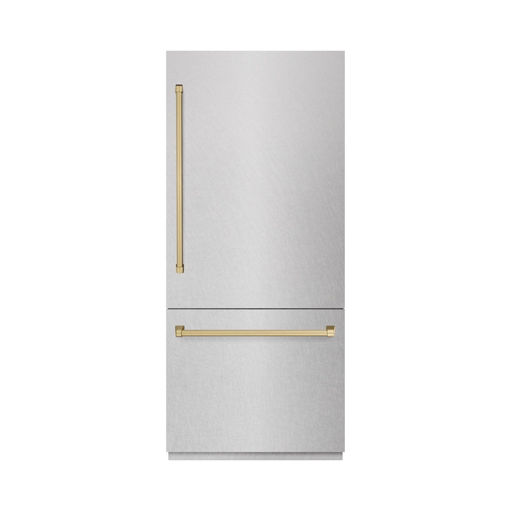 ZLINE Autograph Edition 36 in. 19.8 cu. ft. Built-In Bottom Freezer Refrigerator with Water Dispenser and Ice Maker in DuraSnow® Stainless Steel with Graphite Gray Interior and Champagne Bronze Accents (GRBITZ-SN-36-CB) - (GRBITZSN36CB) -