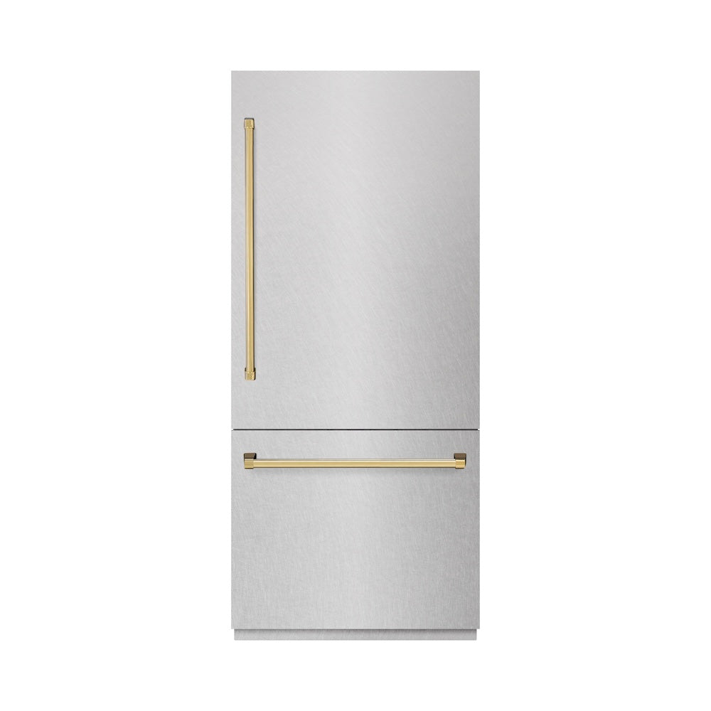 ZLINE Autograph Edition 36 in. 19.8 cu. ft. Built-In Bottom Freezer Refrigerator with Water Dispenser and Ice Maker in DuraSnow® Stainless Steel with Graphite Gray Interior and Polished Gold Accents (GRBITZ-SN-36-G) - (GRBITZSN36G) -