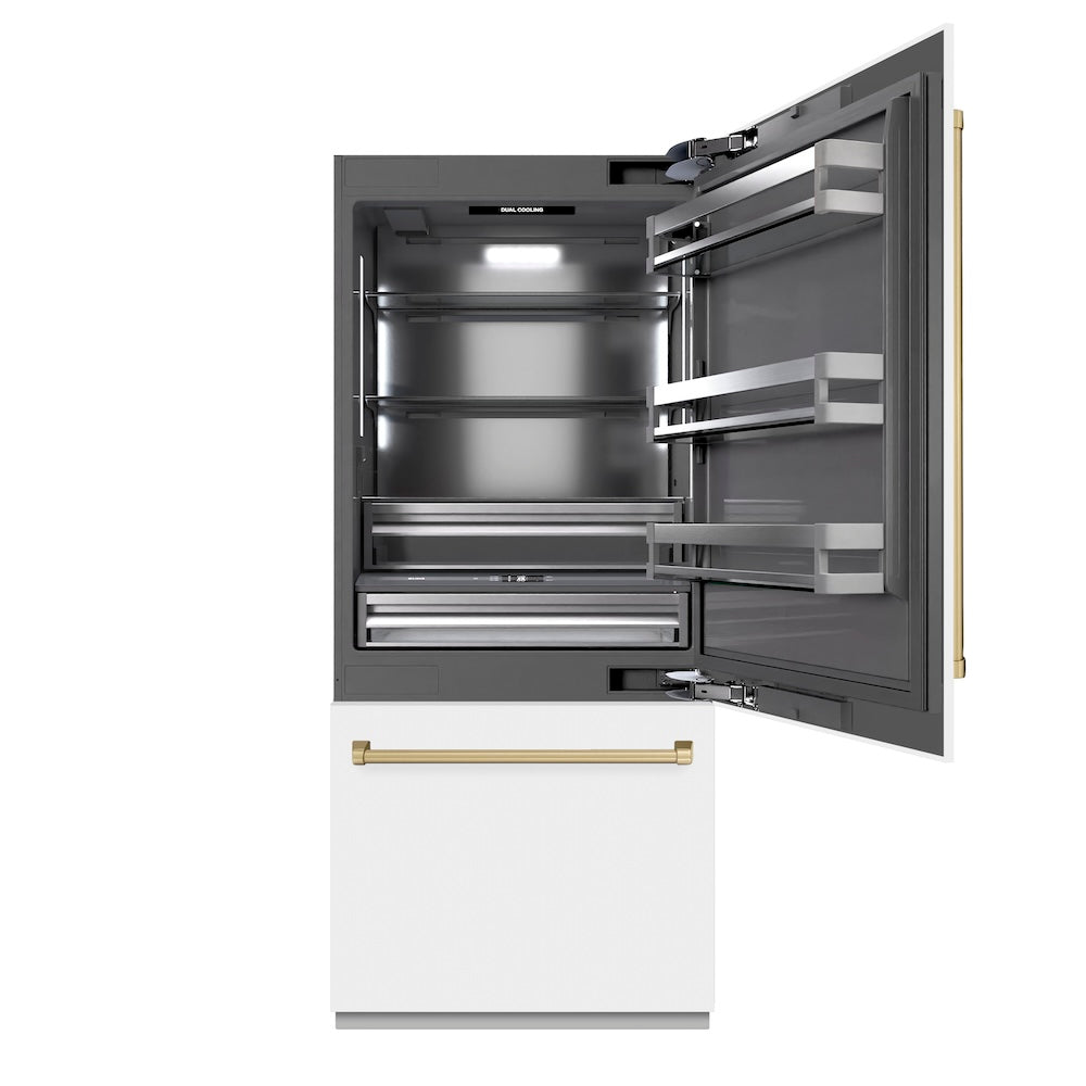 ZLINE Autograph Edition 36 in. 19.8 cu. ft. Built-In Bottom Freezer Refrigerator with Water Dispenser and Ice Maker in White Matte with Graphite Gray Interior and Champagne Bronze Accents (GRBITZ-WM-36-CB) - (GRBITZWM36CB) -