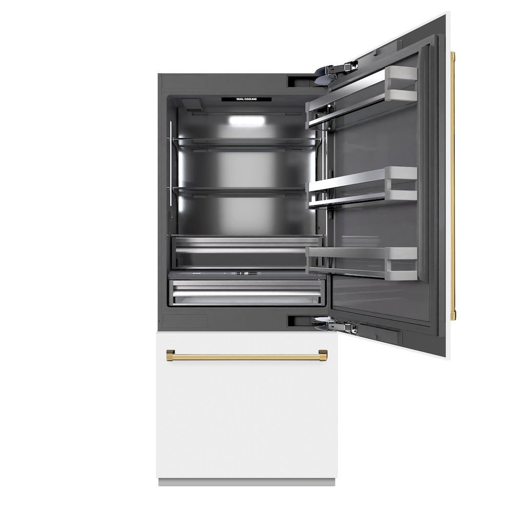 ZLINE Autograph Edition 36 in. 19.8 cu. ft. Built-In Bottom Freezer Refrigerator with Water Dispenser and Ice Maker in White Matte with Graphite Gray Interior and Polished Gold Accents (GRBITZ-WM-36-G) - (GRBITZWM36G) -