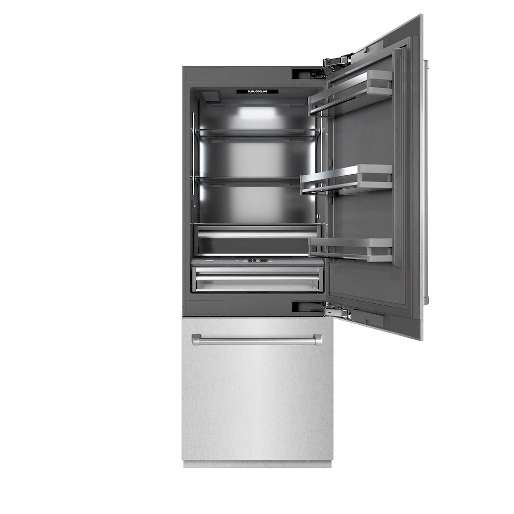 ZLINE 30 in. 16.1 cu. ft. Built-In Bottom Freezer Refrigerator with Water Dispenser and Ice Maker in DuraSnow® Stainless Steel with Graphite Gray Interior (GRBIV-SN-30) - (GRBIVSN30) -