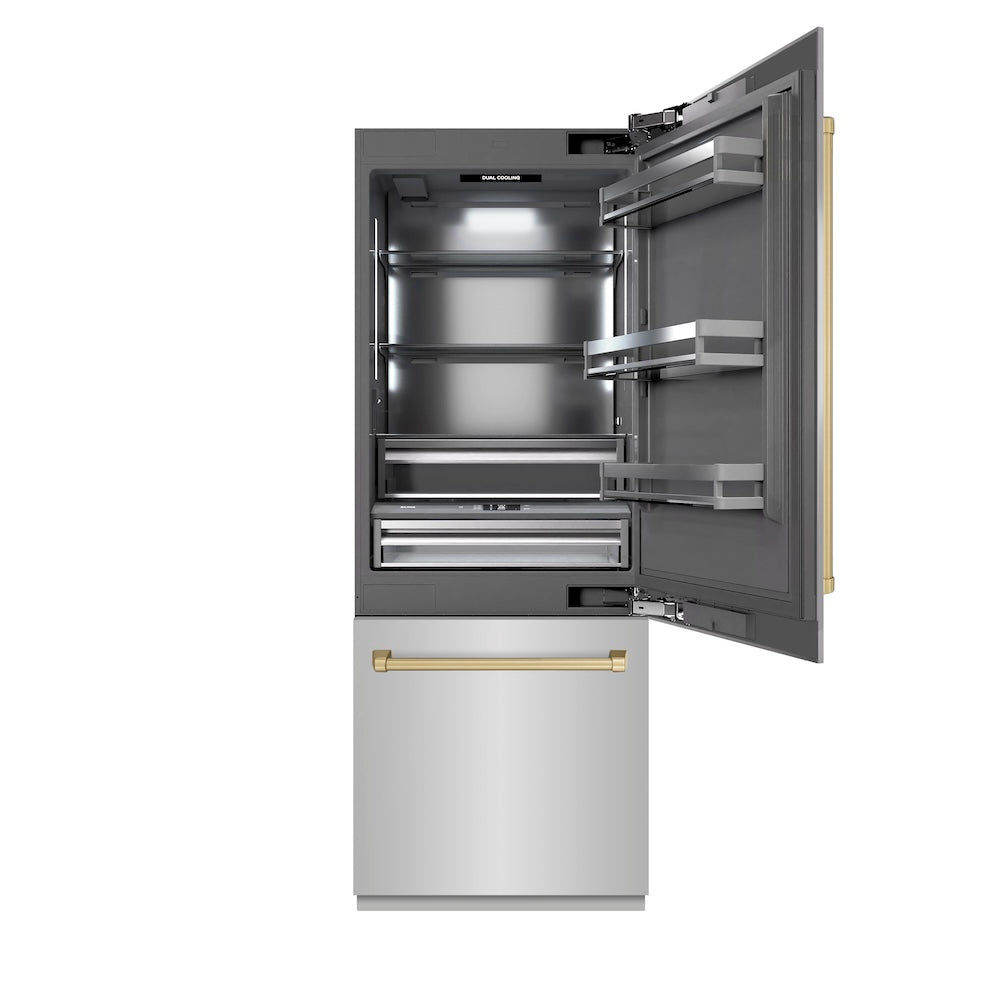 ZLINE Autograph Edition 30 in. 16.1 cu. ft. Built-In Bottom Freezer Refrigerator with Water Dispenser and Ice Maker in Stainless Steel with Graphite Gray Interior and Champagne Bronze Accents (GRBIVZ-304-30CB) - (GRBIVZ30430CB) -