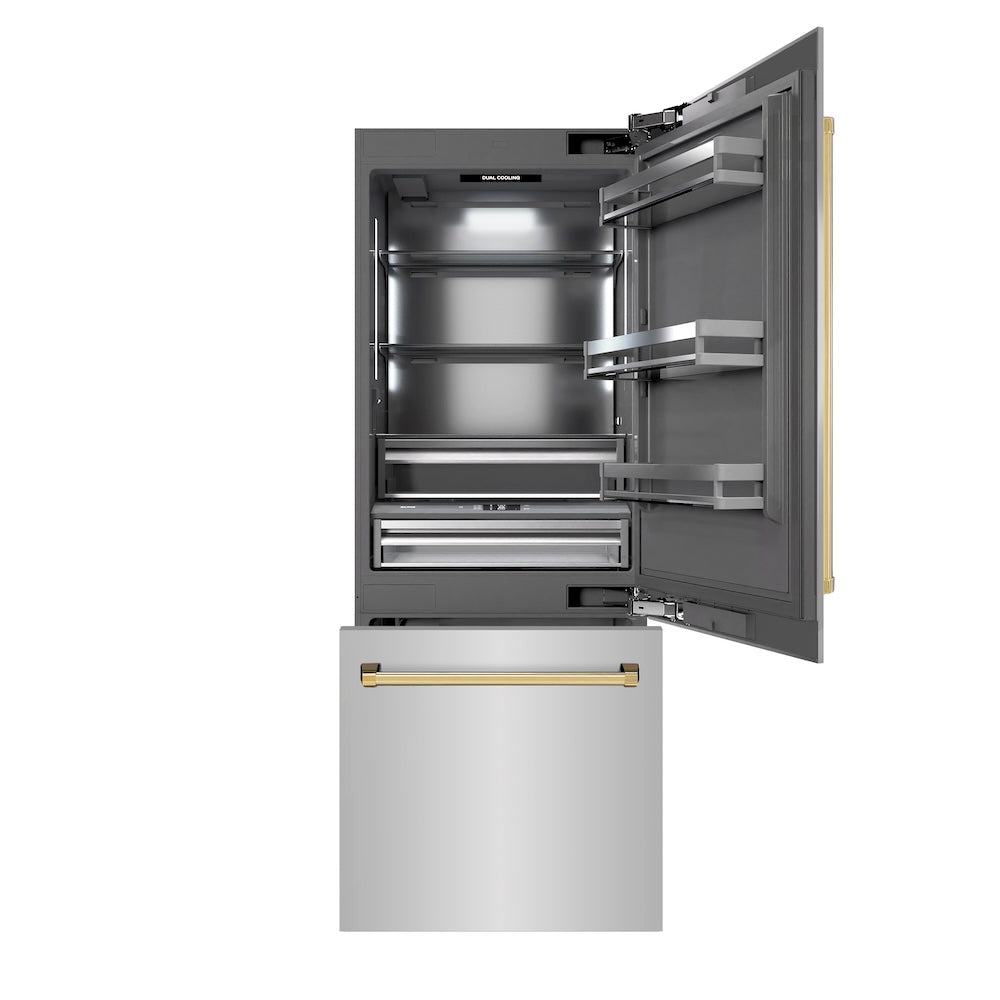 ZLINE Autograph Edition 30 in. 16.1 cu. ft. Built-In Bottom Freezer Refrigerator with Water Dispenser and Ice Maker in Stainless Steel with Graphite Gray Interior and Polished Gold Accents (GRBIVZ-304-30G) - (GRBIVZ30430G) -