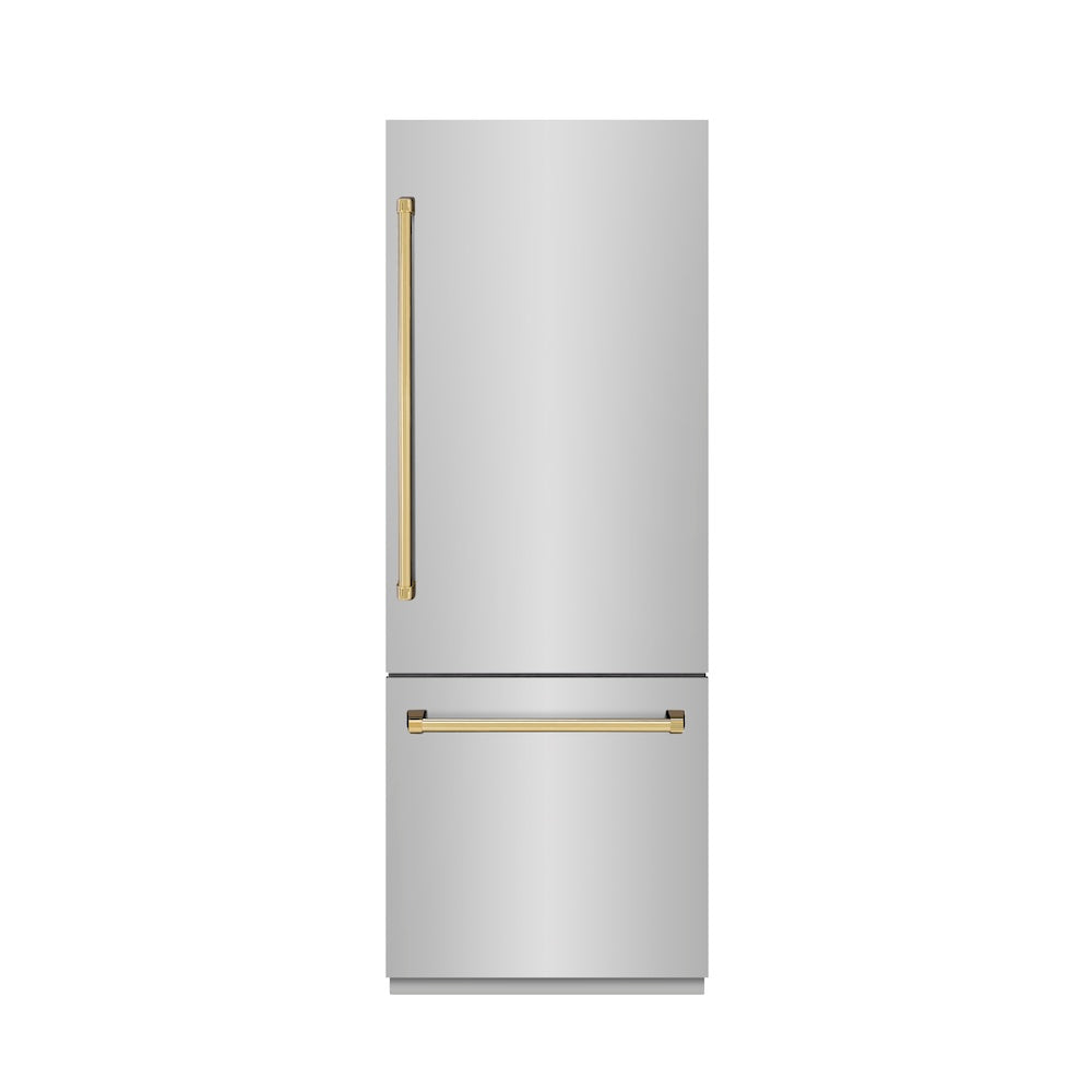 ZLINE Autograph Edition 30 in. 16.1 cu. ft. Built-In Bottom Freezer Refrigerator with Water Dispenser and Ice Maker in Stainless Steel with Graphite Gray Interior and Polished Gold Accents (GRBIVZ-304-30G) - (GRBIVZ30430G) -