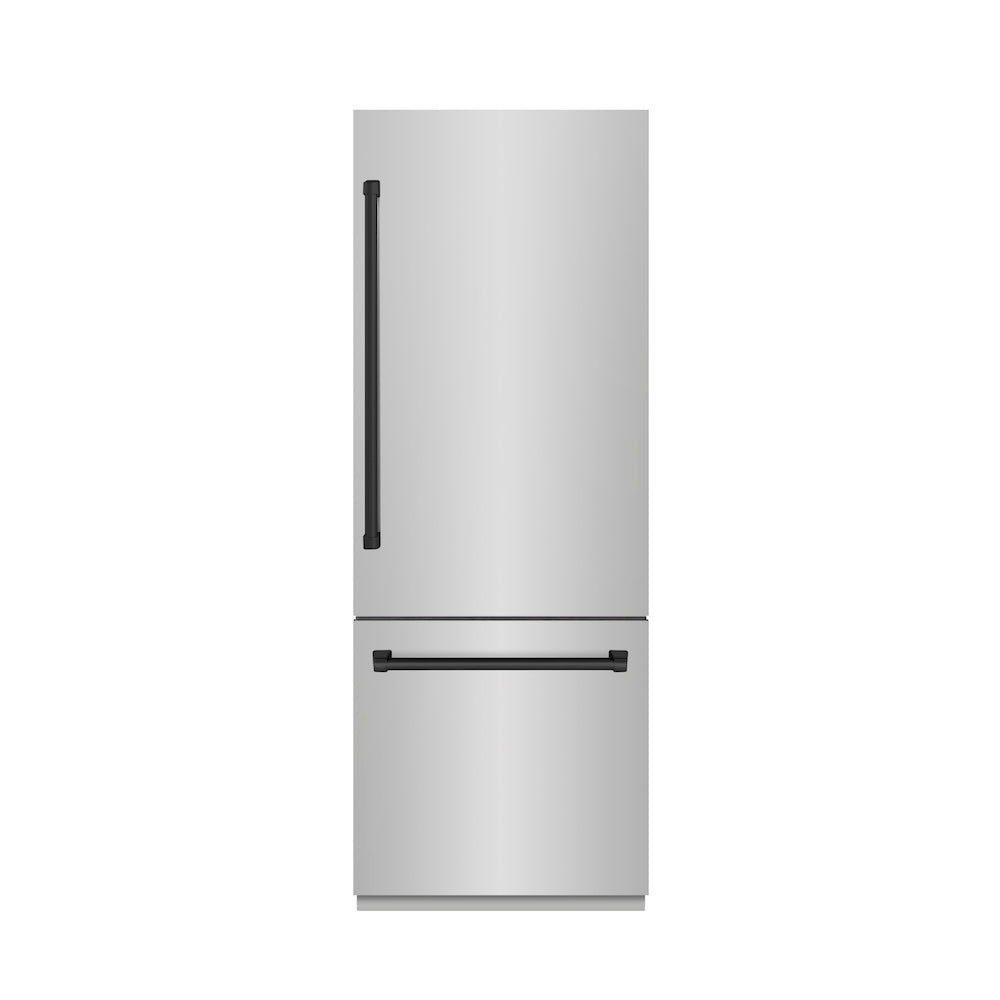 ZLINE Autograph Edition 30 in. 16.1 cu. ft. Built-In Bottom Freezer Refrigerator with Water Dispenser and Ice Maker in Stainless Steel with Graphite Gray Interior and Matte Black Accents (GRBIVZ-304-30MB) - (GRBIVZ30430MB) -