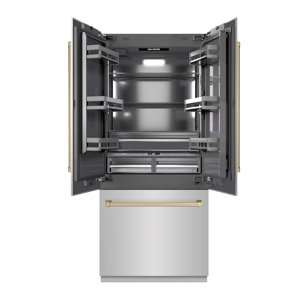 ZLINE Autograph Edition 36 in. 19.6 cu. ft. French Door Built-In Bottom Freezer Refrigerator with Water Dispenser and Ice Maker in Stainless Steel with Graphite Gray Interior and Champagne Bronze Accents (GRBIVZ-304-36CB) - (GRBIVZ30436CB) -