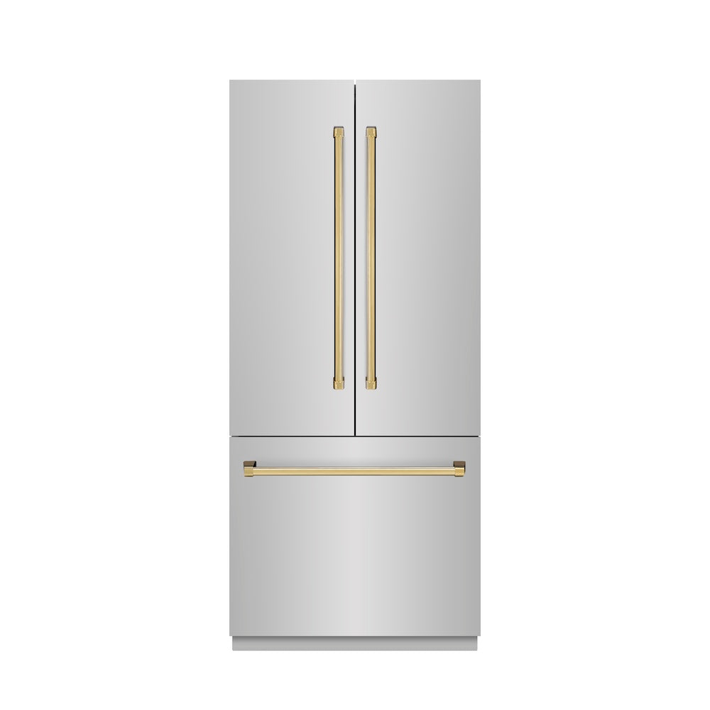 ZLINE Autograph Edition 36 in. 19.6 cu. ft. French Door Built-In Bottom Freezer Refrigerator with Water Dispenser and Ice Maker in Stainless Steel with Graphite Gray Interior and Polished Gold Accents (GRBIVZ-304-36G) - (GRBIVZ30436G) -