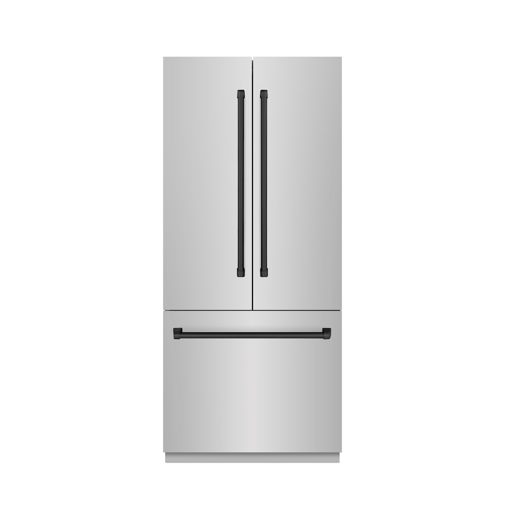 ZLINE Autograph Edition 36 in. 19.6 cu. ft. French Door Built-In Bottom Freezer Refrigerator with Water Dispenser and Ice Maker in Stainless Steel with Graphite Gray Interior and Matte Black Accents (GRBIVZ-304-36MB) - (GRBIVZ30436MB) -