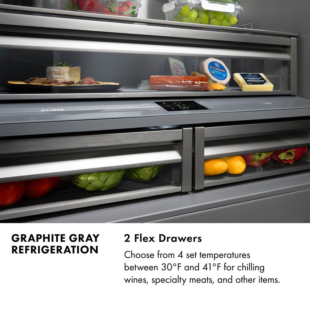 ZLINE Autograph Edition 36 in. 19.6 cu. ft. French Door Built-In Bottom Freezer Refrigerator with Water Dispenser and Ice Maker in Stainless Steel with Graphite Gray Interior and Matte Black Accents (GRBIVZ-304-36MB) - (GRBIVZ30436MB) -